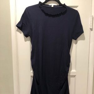 Navy blue, ruffle neckline maternity dress